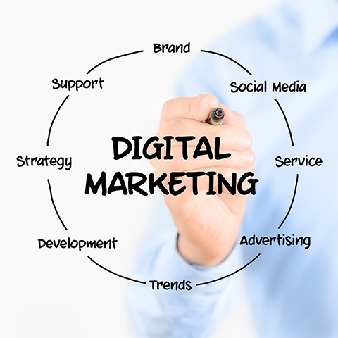 Businessman draws a circular diagram of digital marketing process on the digital marketing company